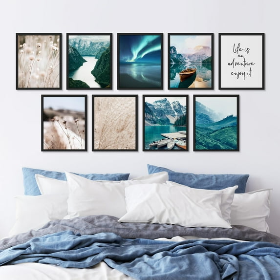PixonSign Framed Canvas Print Wall Art Set - Tranquil Landscape and Inspirational Quote Posters - Set of 9 Nature Wilderness Photography Art Farmhouse Wall Décor for Rooms - 12"x16" Black