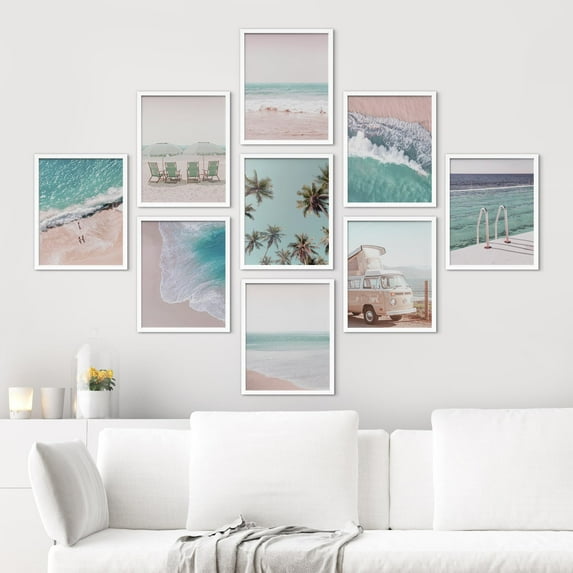 PixonSign Framed Canvas Print Wall Art Set - Tropical Blue Ocean Beach Waves Posters - Set of 9 Boho Nature Seaside Rustic Photography Wall Décor for Living Room, Bedroom, Office - 11"x14" White