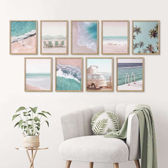 PixonSign Framed Canvas Print Wall Art Set - Tropical Blue Ocean Beach Waves Posters - Set of 9 Boho Nature Seaside Rustic Photography Wall Décor for Living Room, Bedroom, Office - 12"x16" Natural