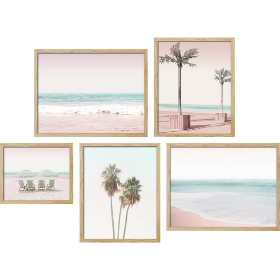 PixonSign Framed Canvas Print Wall Art Set - Tropical Coconut Palm Trees Poster Modern Art - Sea Coastal Ocean Landscape Print Gallery Set of 5 Photography Art Wall Décor for Home - Natural
