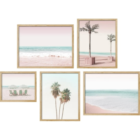 PixonSign Framed Canvas Print Wall Art Set - Tropical Coconut Palm Trees Poster Modern Art - Sea Coastal Ocean Landscape Print Gallery Set of 5 Photography Art Wall Décor for Home - Natural