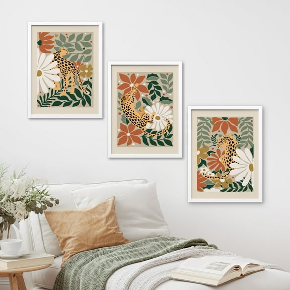 PixonSign Framed Canvas Print Wall Art Set - Tropical Island Hawaiian Floral Botanical Poster Art - Set of 3 Boho Daisy & Leopard Wildlife Prints Wall Décor for Living Room - 12"x16"x3 White