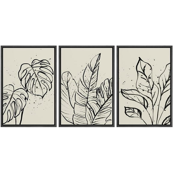 PixonSign Framed Canvas Print Wall Art Set Tropical Jungle Plant Sketches Nature Floral Illustrations Modern Art Minimalism Decorative Botanical for Living Room, Bedroom, Office - 16"x24"x3 Black