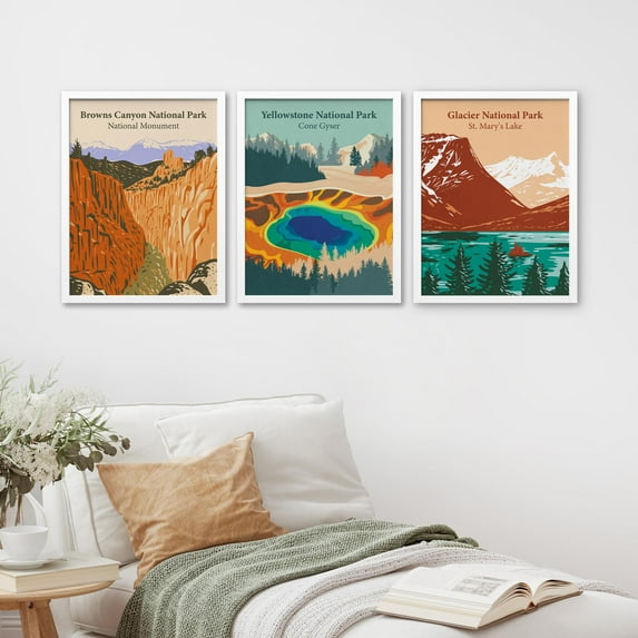 PixonSign Framed Canvas Print Wall Art Set - United States National Parks Posters - Set of 3 Mid-Century Nature Wilderness Landscape Arts Vintage Wall Décor for Living Room - 11"x14" White