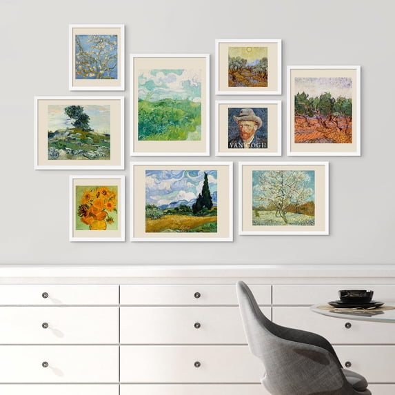 PixonSign Framed Canvas Print Wall Art Set - Van Gogh Variety Floral Botanical Landscape Posters - Gallery Set of 9 Geometric Abstract Artistic Art Paintings Wall Décor for Rooms - White