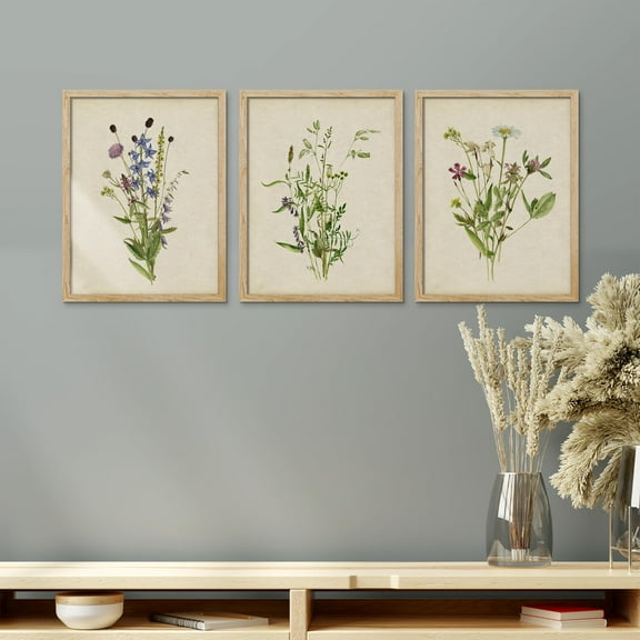 PixonSign Framed Canvas Print Wall Art Set - Vibrant Green Purple Wildflower Trio Poster Arts - Set of 3 Botanical Floral Colorful Wall Décor for Living Room, Bedroom, Office - 11"x14" Natural
