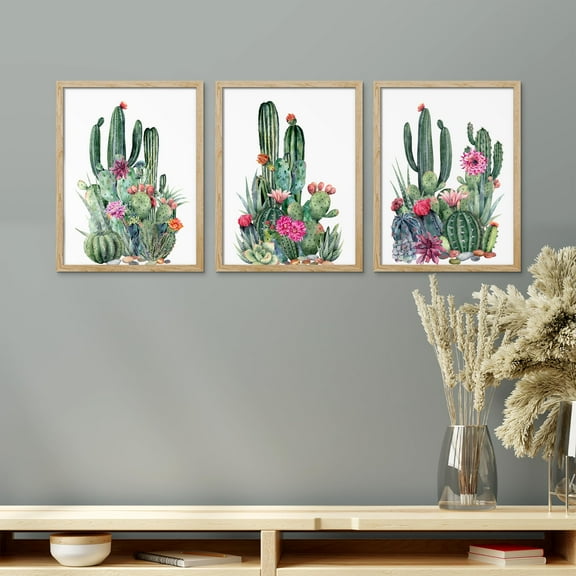 PixonSign Framed Canvas Print Wall Art Set - Vibrant Southwest Blooming Cactus Poster Art - Set of 3 Nature Wilderness Desert Plants Botanical Wall Décor for Living Room - 12"x16" Natural