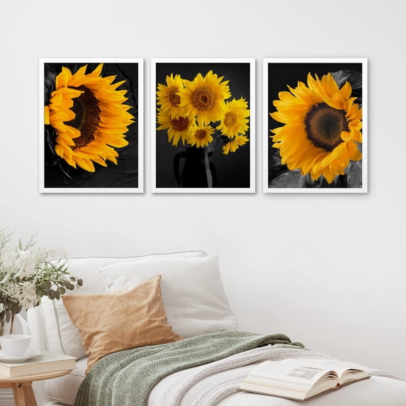 PixonSign Framed Canvas Print Wall Art Set - Vibrant Sunflower Garden Floral Botanical Poster Art - Set of 3 Nature Plants Photography Wall Décor for Living Room - 12"x16" White