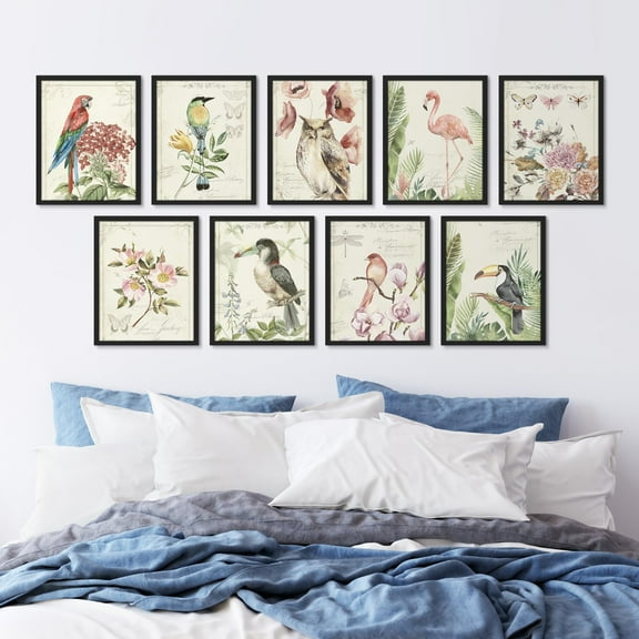PixonSign Framed Canvas Print Wall Art Set - Vintage Avian Elegance Classic Birds & Botanical Posters - Set of 9 Nature Farmhouse Decor Boho Animals Pastel Wall Décor for Rooms - 8"x10" Black