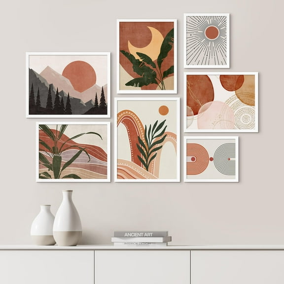 PixonSign Framed Canvas Print Wall Art Set - Vintage Mid-Century Forest Plants Poster Art - Geometric Print Gallery Set of 7 Abstract Illustrations Digital Art Wall Décor for Home - White