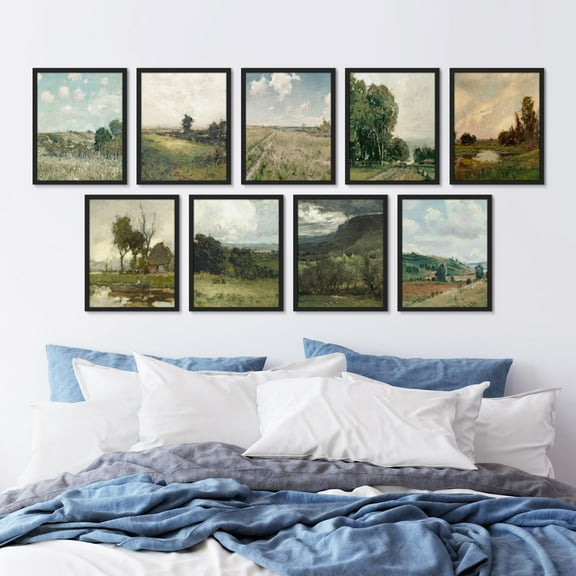 PixonSign Framed Canvas Print Wall Art Set - Vintage Nature Wilderness Landscape Posters - Set of 9 Botanical Countryside Farmhouse Decor Retro Pastel Wall Décor for Rooms - 8"x10" Black