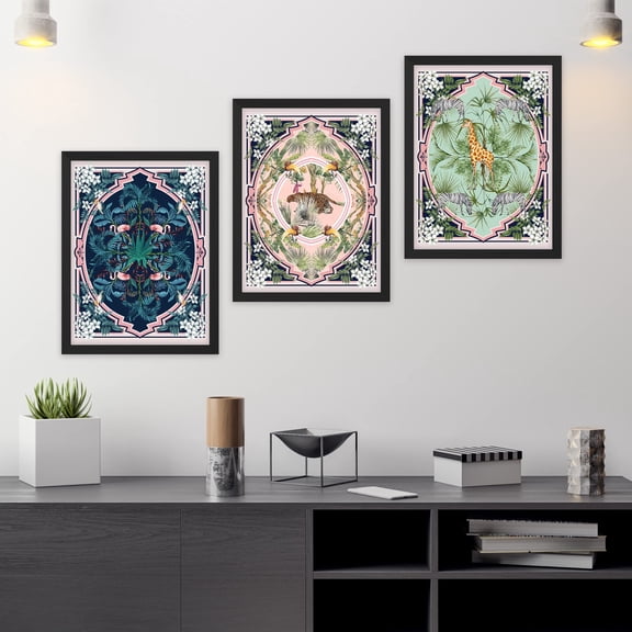 PixonSign Framed Canvas Print Wall Art Set - Vintage Retro Flower Tapestry Patterns Posters - Set of 3 Animals & Botanical Symmetry Prints Colorful Wall Décor for Living Room - 12"x16"x3 Black