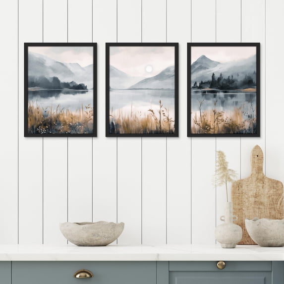 PixonSign Framed Canvas Print Wall Art Set - Vintage Style Mountain Lake Landscape Posters - Set of 3 Pastel Colorful Country/Farmhouse Wall Décor for Bedroom, Office - 8"x10" Black