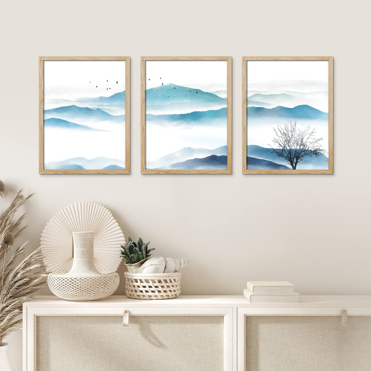 PixonSign Framed Canvas Print Wall Art Set Watercolor Blue Mountain