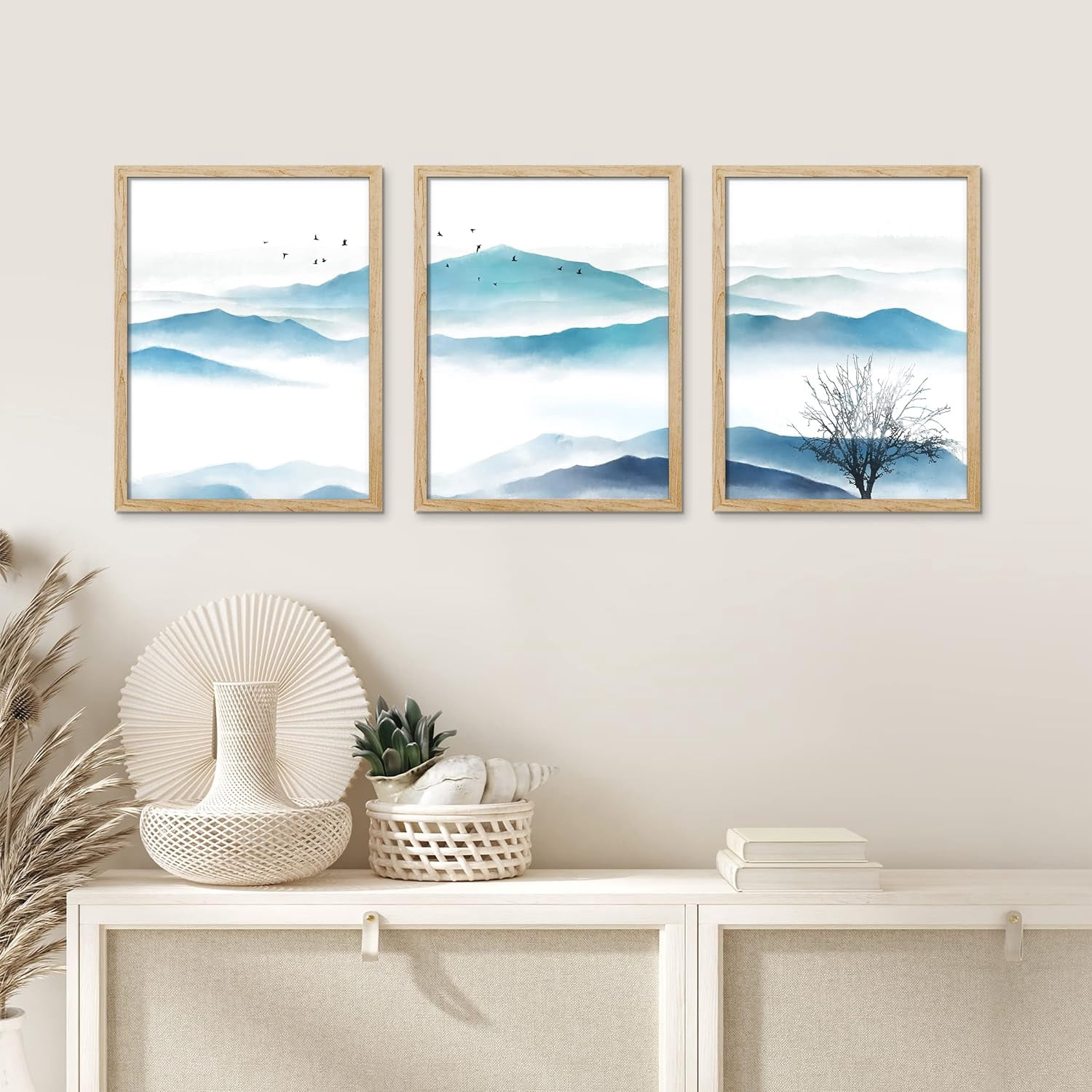 PixonSign Framed Canvas Print Wall Art Set - Watercolor Blue Mountain ...