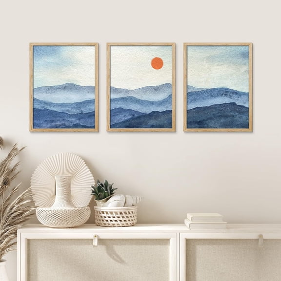 PixonSign Framed Canvas Print Wall Art Set - Watercolor Blue Mountain Range & Red Sun Landscape Art - Set of 3 Nature Wilderness Wall Décor for Living Room, Bedroom - 12"x16"x3 Panels Natural