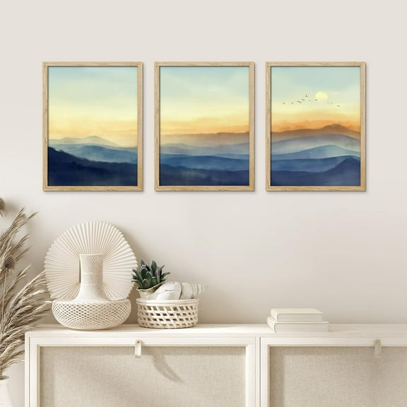 PixonSign Framed Canvas Print Wall Art Set - Watercolor Dusk Mountain Valley Art - Set of 3 Nature Wilderness Landscape Art Abstract Modern Print Minimalism Wall Décor - 12"x16"x3 Panels Natural