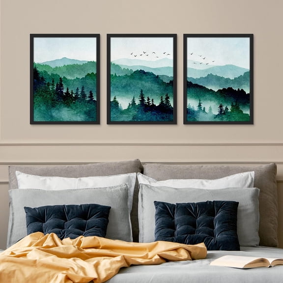 PixonSign Framed Canvas Print Wall Art Set - Watercolor Green Teal Mountain Forest Art - Set of 3 Nature Wilderness Landscape Artwork Modern Wall Décor - 12"x16"x3 Panels Black