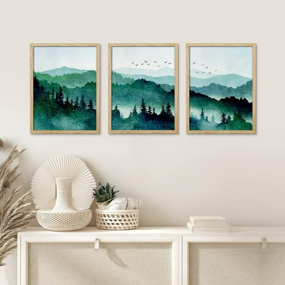 PixonSign Framed Canvas Print Wall Art Set - Watercolor Green Teal Mountain Forest Art - Set of 3 Nature Wilderness Landscape Artwork Modern Wall Décor - 12"x16"x3 Panels Natural