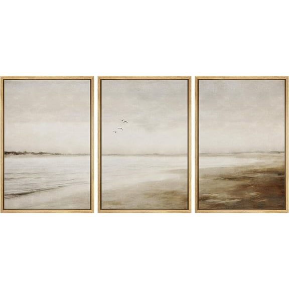PixonSign Framed Canvas Print Wall Art Set Watercolor Misty Foggy Beach Ocean Bird Seascape Nature Wilderness Illustrations Modern Art Decorative Rustic Relax Colorful for Bedroom - 16"x24"x3 Natural