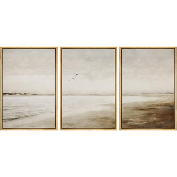 PixonSign Framed Canvas Print Wall Art Set Watercolor Misty Foggy Beach Ocean Bird Seascape Nature Wilderness Illustrations Modern Art Decorative Rustic Relax Colorful for Bedroom - 16"x24"x3 Natural