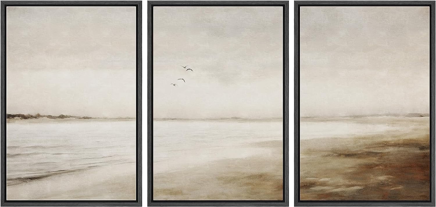 PixonSign Framed Canvas Print Wall Art Set Watercolor Misty Foggy Beach ...