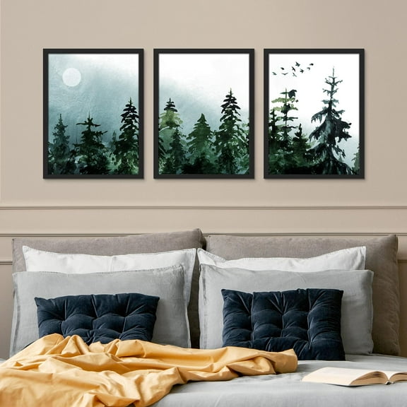 PixonSign Framed Canvas Print Wall Art Set - Watercolor Moon & Bird & Pine Tree Art - Set of 3 Nature Wilderness Landscape Artwork Modern Art Rustic Wall Décor -12"x16"x3 Panels Black