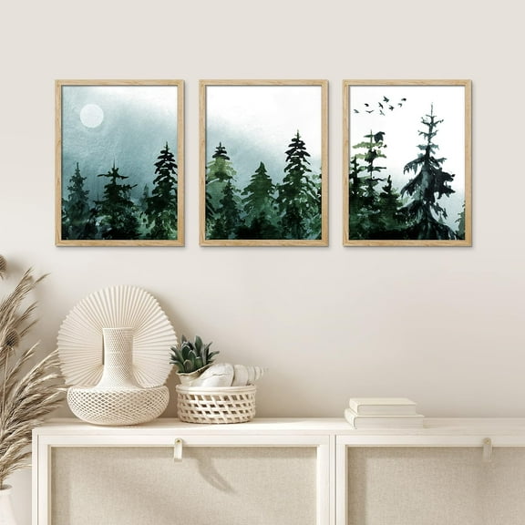 PixonSign Framed Canvas Print Wall Art Set - Watercolor Moon & Bird & Pine Tree Art - Set of 3 Nature Wilderness Landscape Artwork Modern Art Rustic Wall Décor -12"x16"x3 Panels Natural