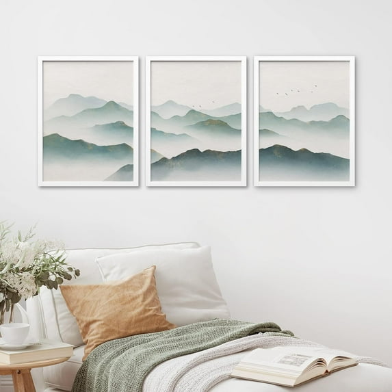 PixonSign Framed Canvas Print Wall Art Set - Watercolor Mountain & Green Pastel Range Art - Set of 3 Nature Wilderness Landscape Wall Décor for Living Room, Bedroom - 12"x16"x3 Panels White