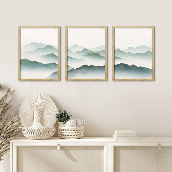 PixonSign Framed Canvas Print Wall Art Set - Watercolor Mountain & Green Pastel Range Art - Set of 3 Nature Wilderness Landscape Wall Décor for Living Room, Bedroom - 12"x16"x3 Panels Natural