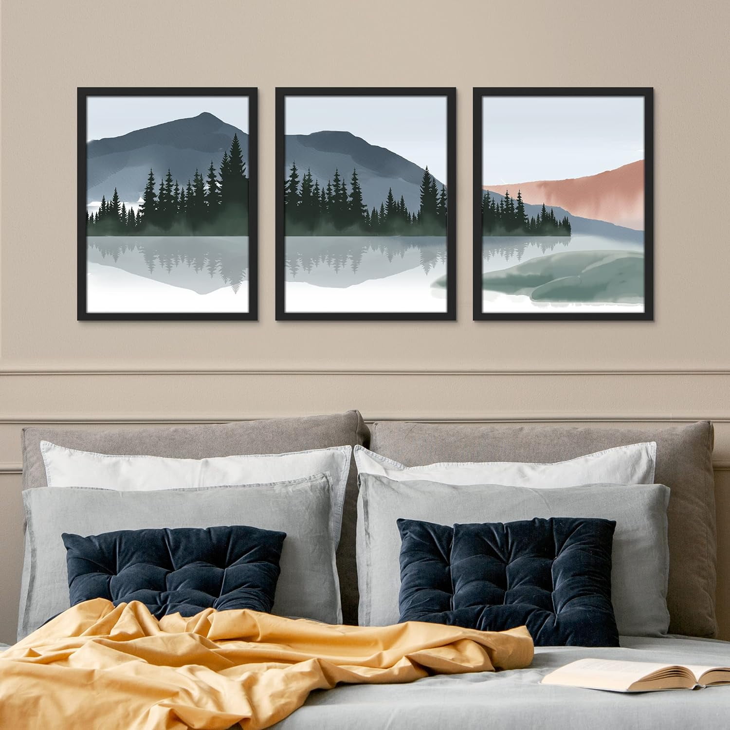 PixonSign Framed Canvas Print Wall Art Set - Watercolor Mountain Range ...