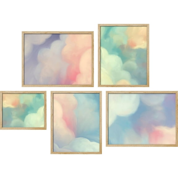 PixonSign Framed Canvas Print Wall Art Set - Watercolor Pastel Cotton Cloud Poster Modern Art - Gallery Set of 5 Colorful Sky Illustrations Digital Art Wall Décor for Home Decor - Natural