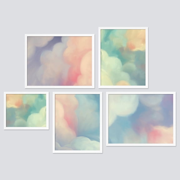 PixonSign Framed Canvas Print Wall Art Set - Watercolor Pastel Cotton Cloud Poster Modern Art - Gallery Set of 5 Colorful Sky Illustrations Digital Art Wall Décor for Home Decor - White