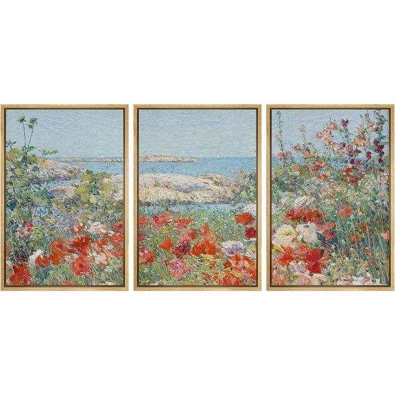 PixonSign Framed Canvas Print Wall Art Set Watercolor Pastel Flower Field Coastal Landscape Nature Wilderness Illustrations Modern Art Decorative Floral Botanical Minimal - 16"x24"x3 Natural