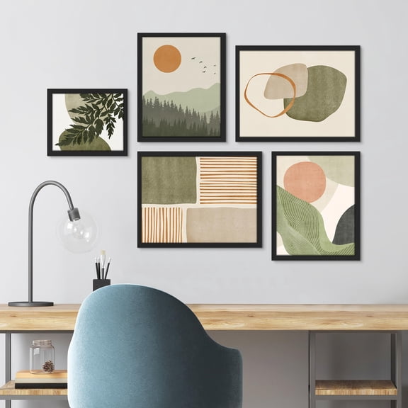 PixonSign Framed Canvas Print Wall Art Set - Watercolor Pastel Mid-Century Modern Polygon Rings Modern Art - Gallery Set of 5 Abstract Landscape Digital Art Wall Décor for Home - Black