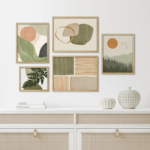 PixonSign Framed Canvas Print Wall Art Set - Watercolor Pastel Mid-Century Modern Polygon Rings Modern Art - Gallery Set of 5 Abstract Landscape Digital Art Wall Décor for Home - Natural