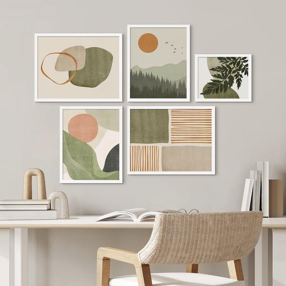 PixonSign Framed Canvas Print Wall Art Set - Watercolor Pastel Mid-Century Modern Polygon Rings Modern Art - Gallery Set of 5 Abstract Landscape Digital Art Wall Décor for Home - White
