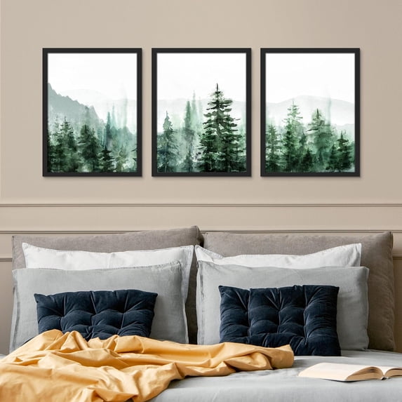 PixonSign Framed Canvas Print Wall Art Set - Watercolor Pine Tree Mountain Range Forest Art - Set of 3 Nature Wilderness Landscape Wall Décor for Living Room, Bedroom - 12"x16"x3 Panels Black
