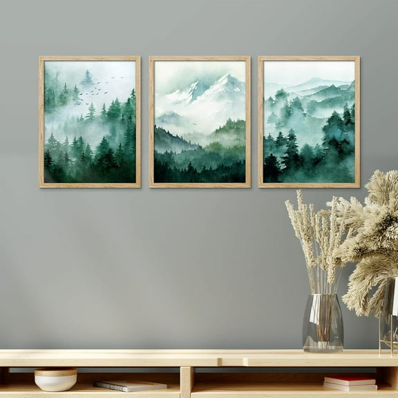 PixonSign Framed Canvas Print Wall Art Set - Watercolor Snowy Mountain Forest Art - Set of 3 Nature Wilderness Landscape Artwork Modern Art Rustic Wall Décor -12"x16"x3 Panels Natural