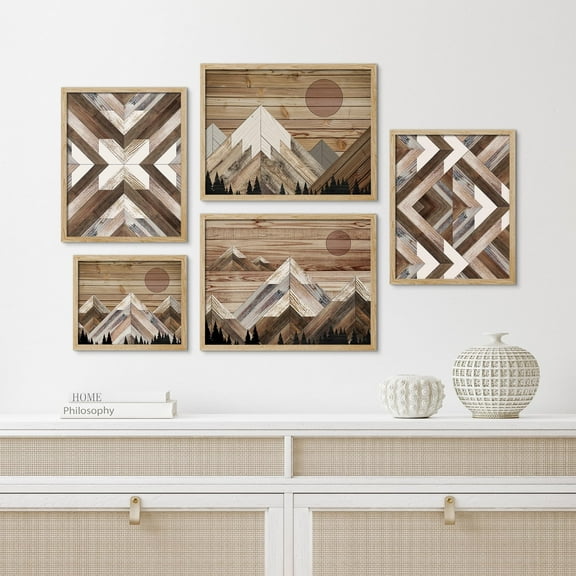 PixonSign Framed Canvas Print Wall Art Set - Western Decor Sun Shines Over Snowy Mountain Posters - Collage Gallery Set of 5 Nature Landscape Illustrations Colorful Wall Décor for Home - Natural