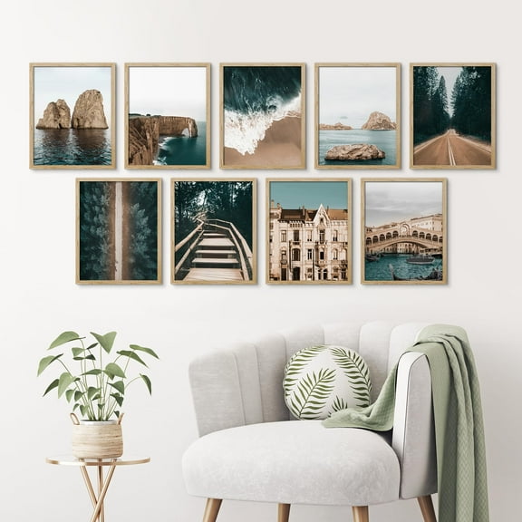 PixonSign Framed Canvas Print Wall Art Set - Western Ocean, Forest, Architecture Landscape Posters - Set of 9 Nature Wilderness Scenery Photography Art Wall Décor for Rooms - 12"x16" Natural