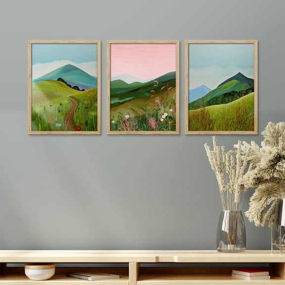 PixonSign Framed Canvas Print Wall Art Set - Wildflower Meadow Mountain Art - Set of 3 Forest Plant Nature Wilderness Minimalist Wall Décor for Living Room, Bedroom - 8"x10" Panels Natural