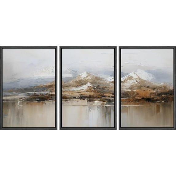 PixonSign Framed Canvas Print Wall Art Set Winter Autumn Watercolor Pastel Mountain Range Nature Wilderness Illustrations Modern Art Decorative Rustic Relax/Calm Colorful for Bedroom - 24"x36"x3 Black