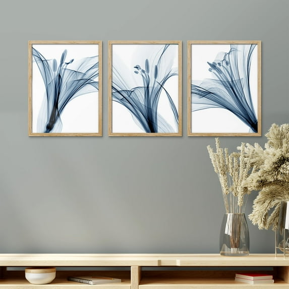 PixonSign Framed Canvas Print Wall Art Set - X-Ray Blue Duotone Flower Petal Botanical Posters - Set of 3 Nature Wilderness Floral Modern Arts Wall Décor for Living Room - 11"x14" Natural