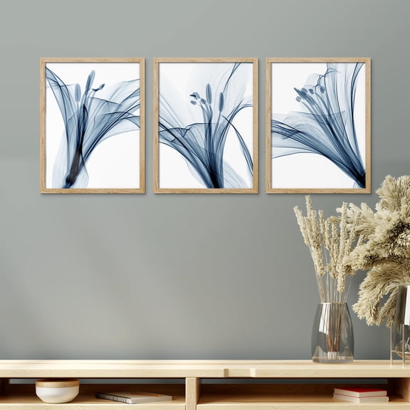PixonSign Framed Canvas Print Wall Art Set - X-Ray Blue Duotone Flower Petal Botanical Posters - Set of 3 Nature Wilderness Floral Modern Arts Wall Décor for Living Room - 8"x10" Natural