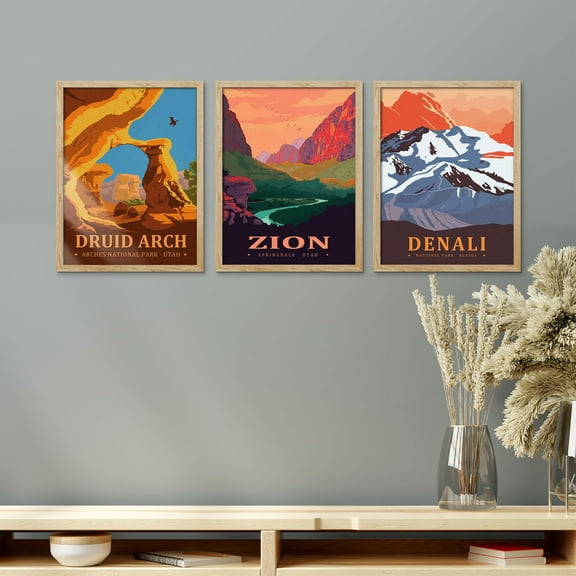PixonSign Framed Canvas Print Wall Art Set - Zion and Denali United States National Park Poster Art - Set of 3 Famous Nature Landscape Prints Wall Décor for Living Room - 8"x10" Natural