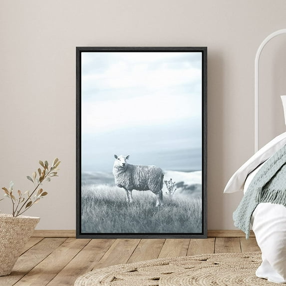 PixonSign Framed Canvas Print Wall Art Sheep in Mountain Field Animals Wildlife Photography Modern Art Farmhouse/Country Ultra Blue and White for Living Room, Bedroom, Office - 24"x36" Black