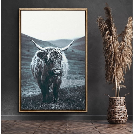 PixonSign Framed Canvas Print Wall Art Shetland Cow in Field Animals Wilderness Photography Realism Farmhouse/Country Portrait Relax/Calm Duotone for Living Room, Bedroom, Office - 24"x36" Natural