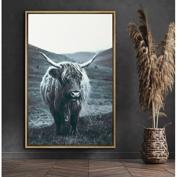PixonSign Framed Canvas Print Wall Art Shetland Cow in Field Animals Wilderness Photography Realism Farmhouse/Country Portrait Relax/Calm Duotone for Living Room, Bedroom, Office - 16"x24" Natural