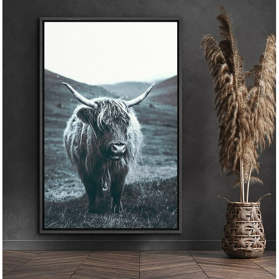 PixonSign Framed Canvas Print Wall Art Shetland Cow in Field Animals Wilderness Photography Realism Farmhouse/Country Portrait Relax/Calm Duotone for Living Room, Bedroom, Office - 16"x24" Black